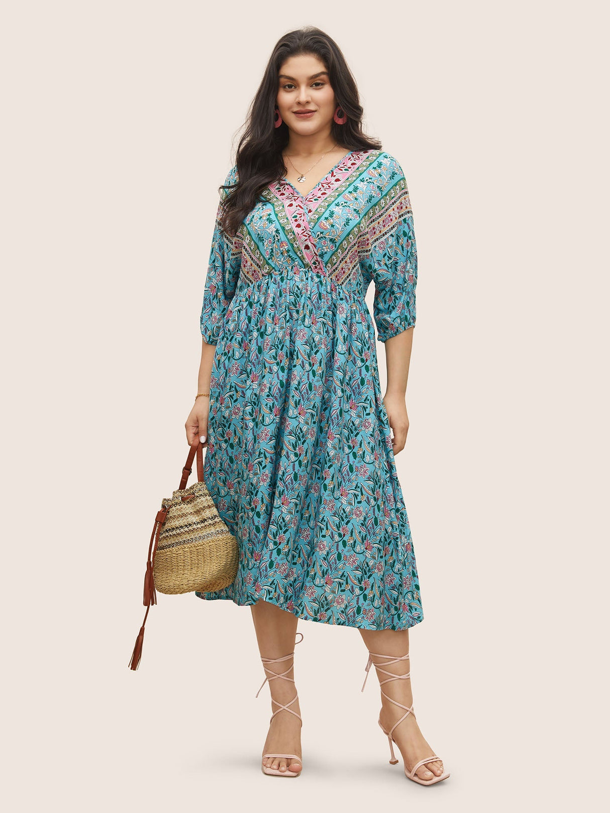 Boho Print Wrap Elastic Waist Lantern Sleeve Dress