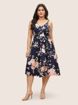 Floral Wrap Elastic Waist Belted Sleeveless Dress