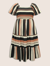 Patchwork Striped Shirred Pocket Dress