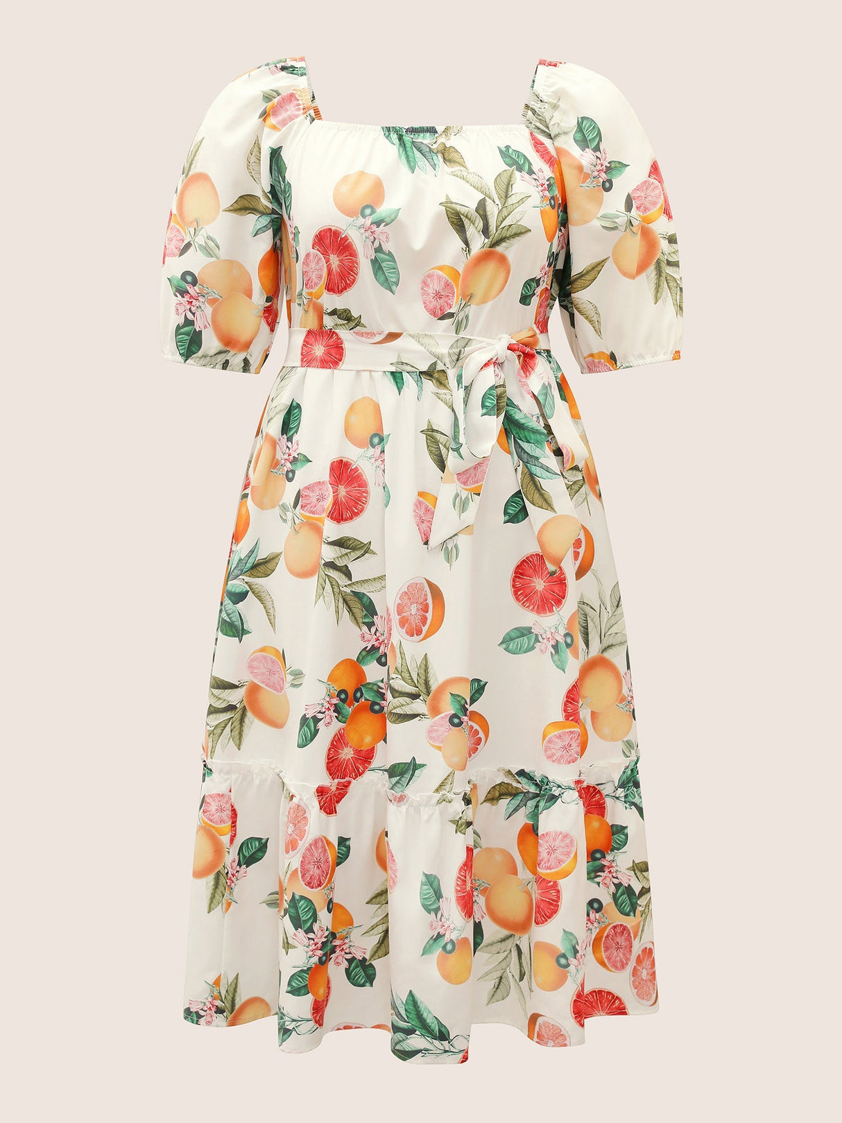 Grapefruits Print Belted Frill Trim Gathered Dress