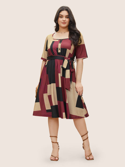 Geometric Colorblock Contrast Square Neck Belted Dress