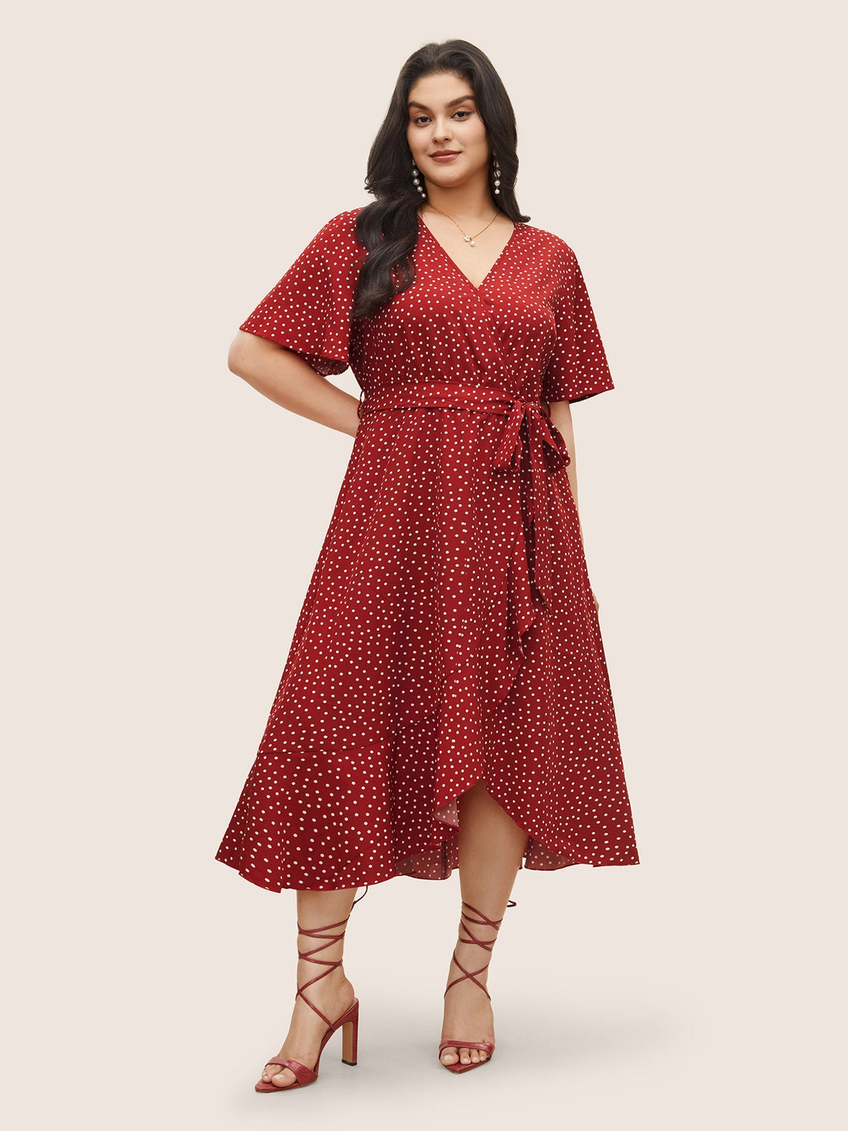 Polka Dot Surplice Neck Belted Arc Hem Dress