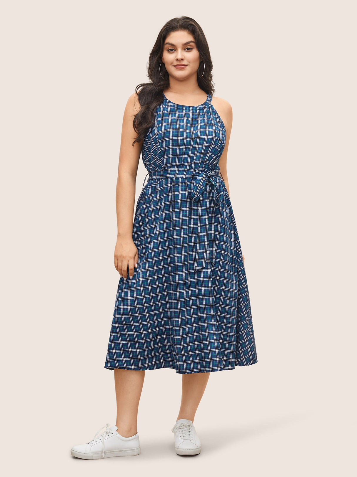 Plaid Pocket Belted Halter Midi Dress