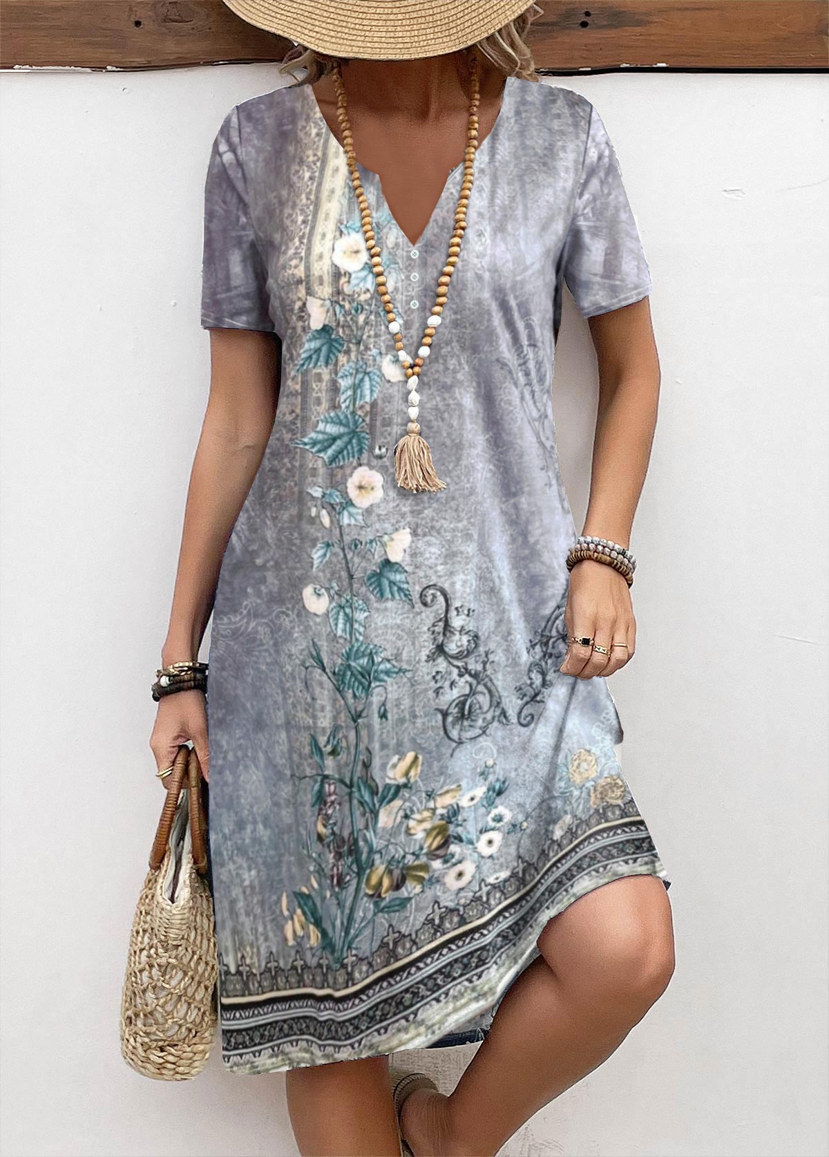 Button Floral Print Blue A Line Split Neck Dress