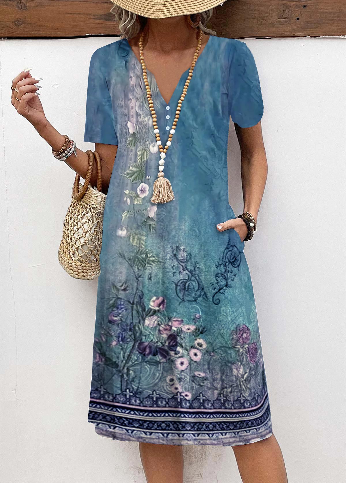 Button Floral Print Blue A Line Split Neck Dress