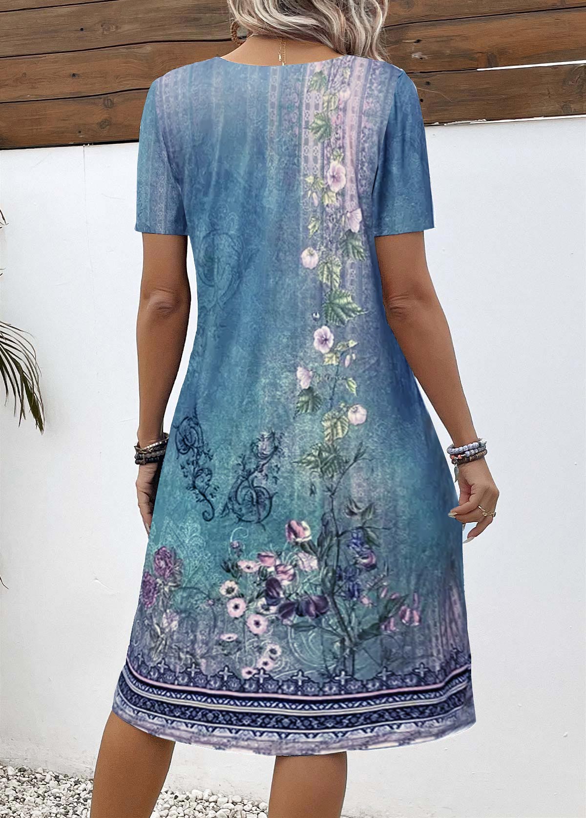 Button Floral Print Blue A Line Split Neck Dress