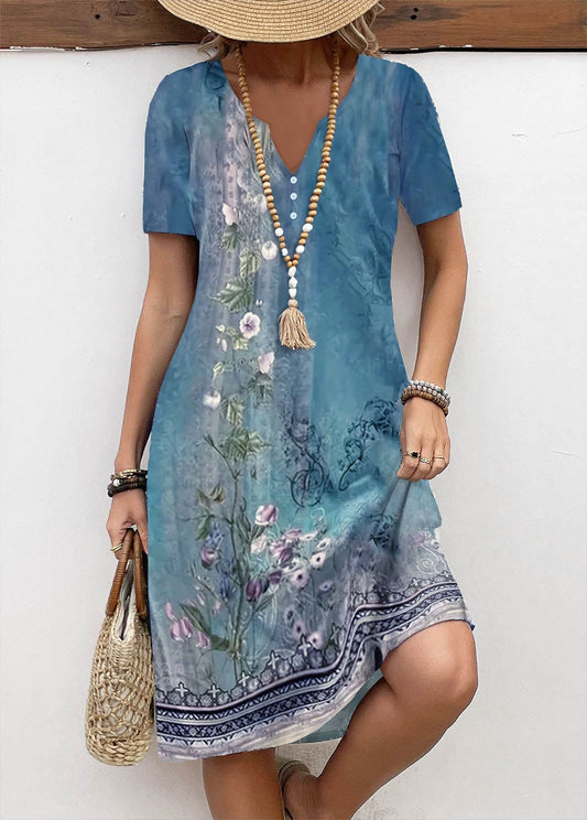 Button Floral Print Blue A Line Split Neck Dress