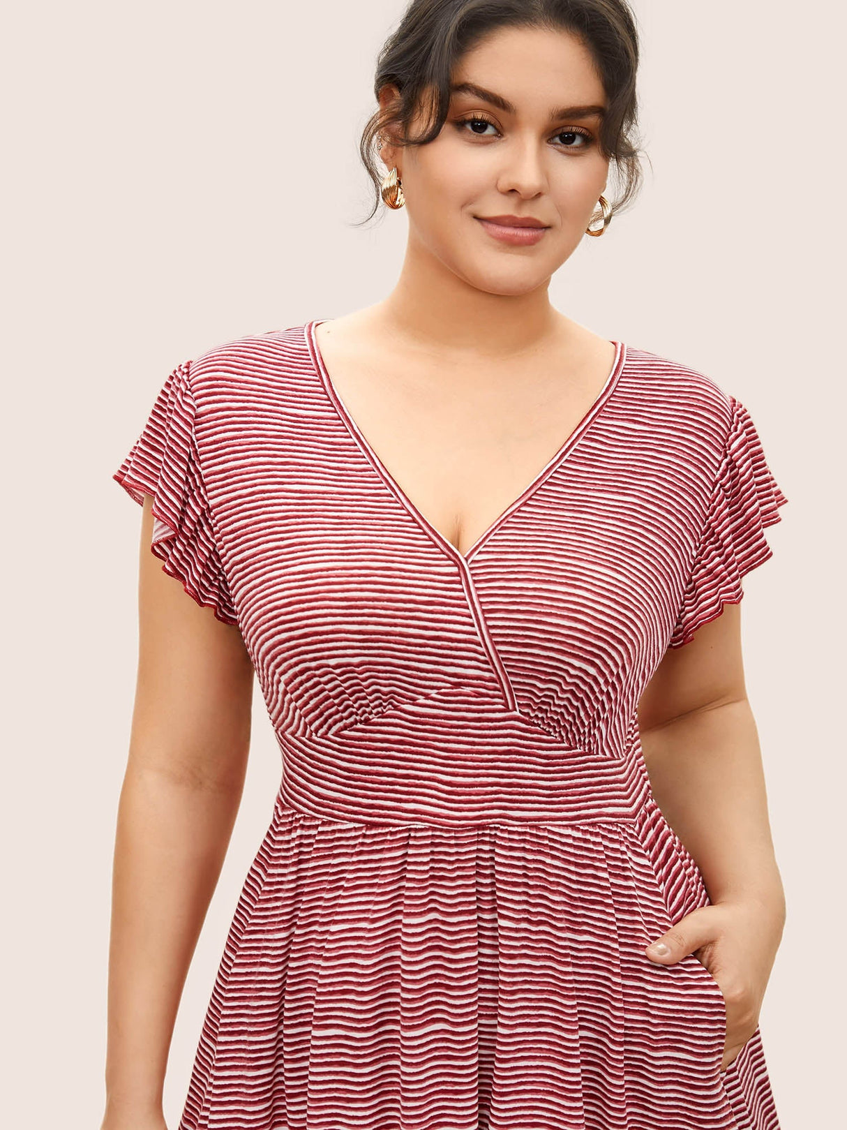 Striped Surplice Neck Ruffle Cap Sleeve Dress