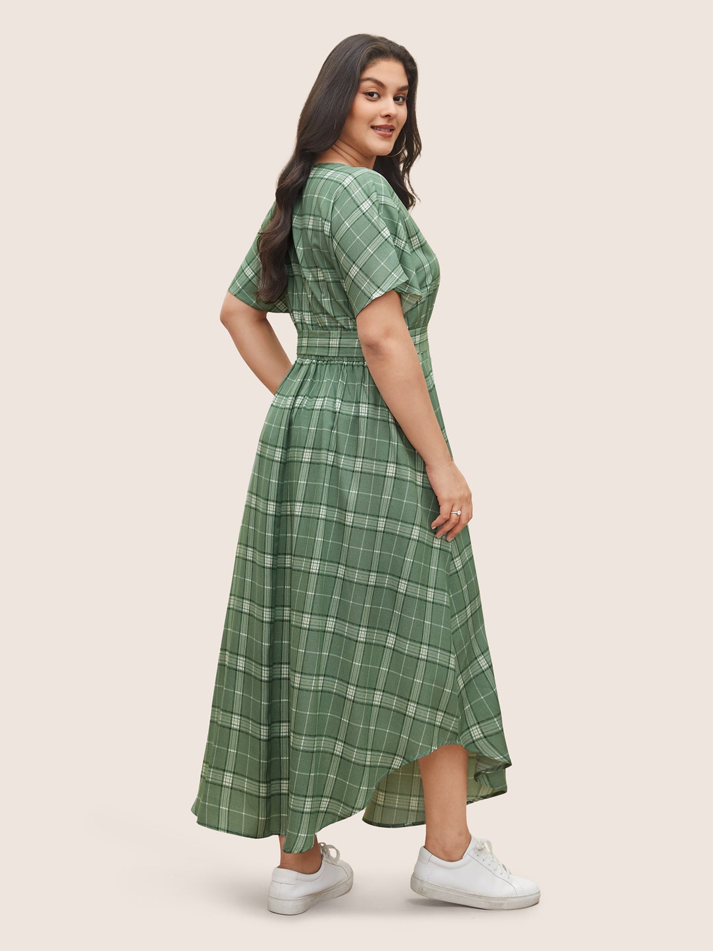 Plaid Surplice Neck Pocket Curved Hem Dress