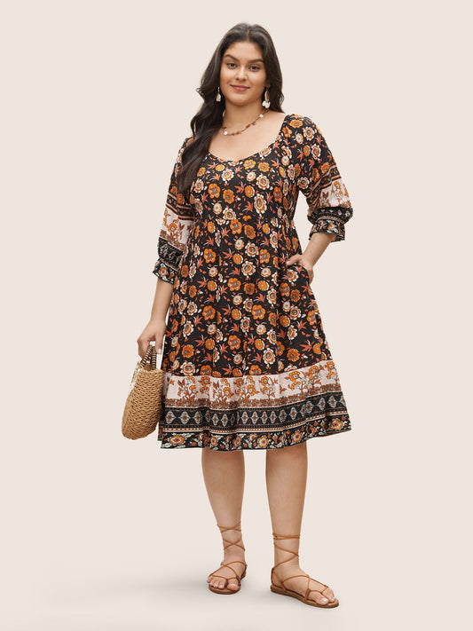 Bandana Print Square Neck Pocket Ruffle Sleeve Dress