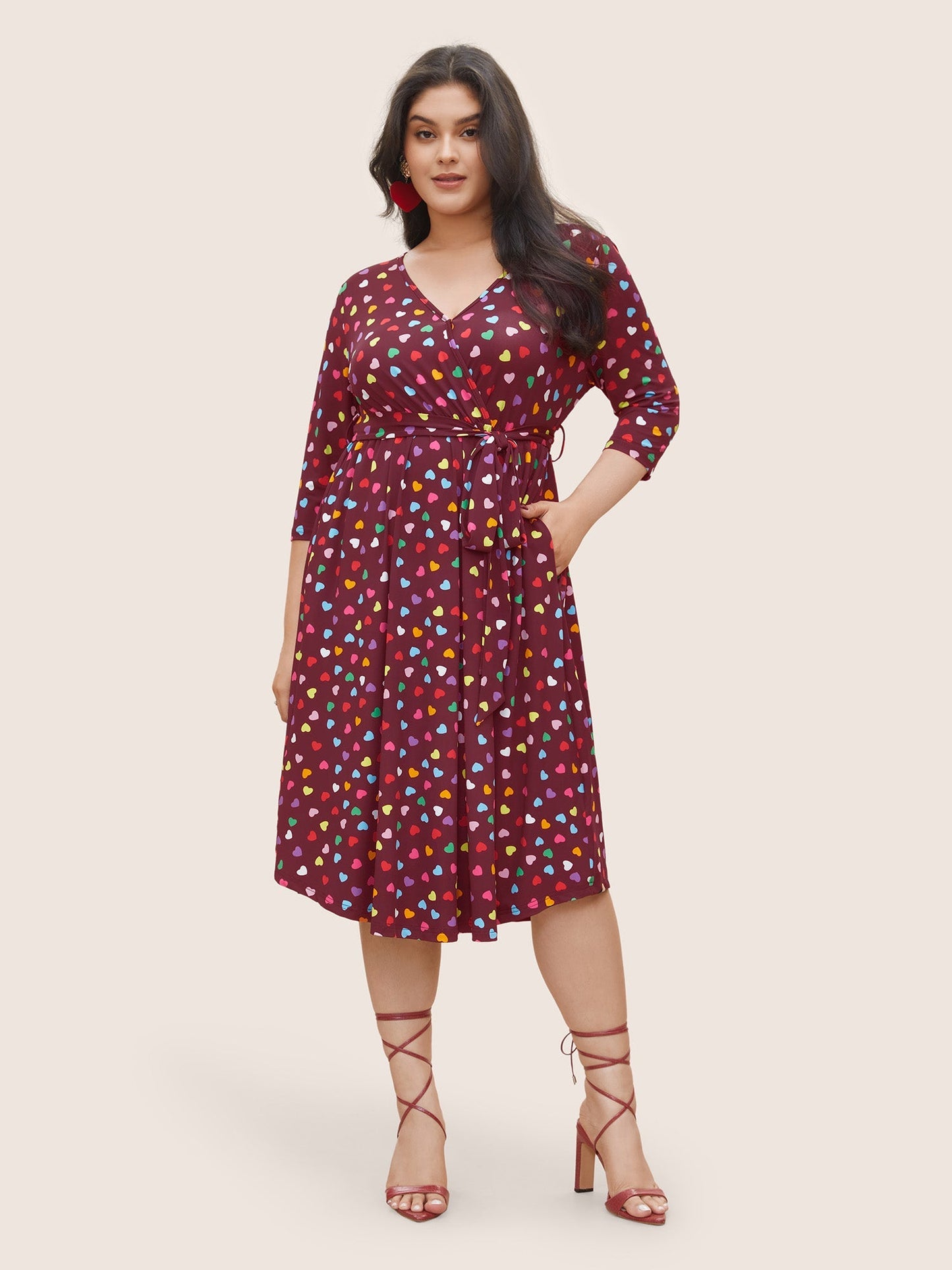 Colored Heart Print Belted Overlap Collar Dress