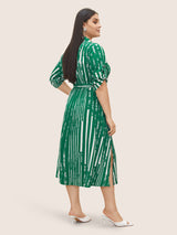 Geometric Shirt Collar Tab Sleeve Belted Dress