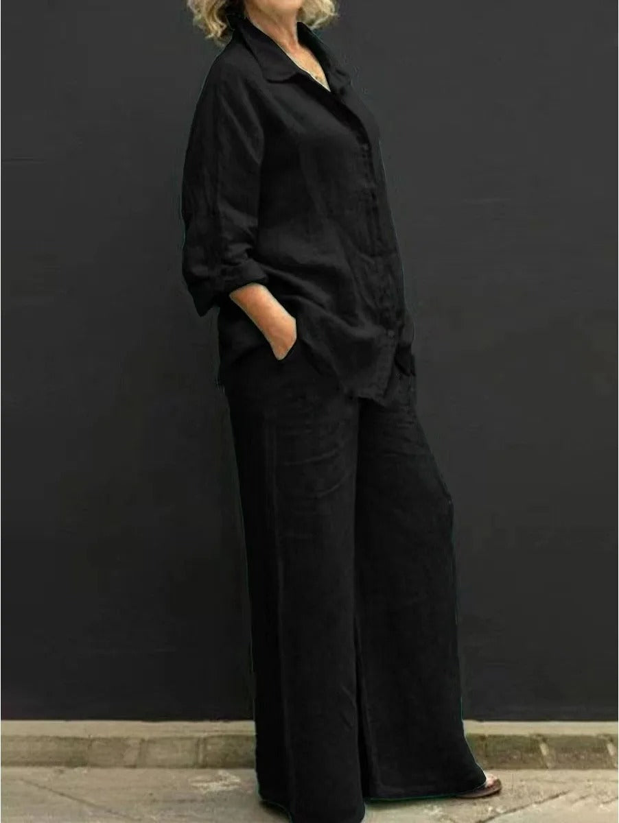 Vintage Set With Long Sleeves, Button-down Blouse and Loose Straight Trousers For Women