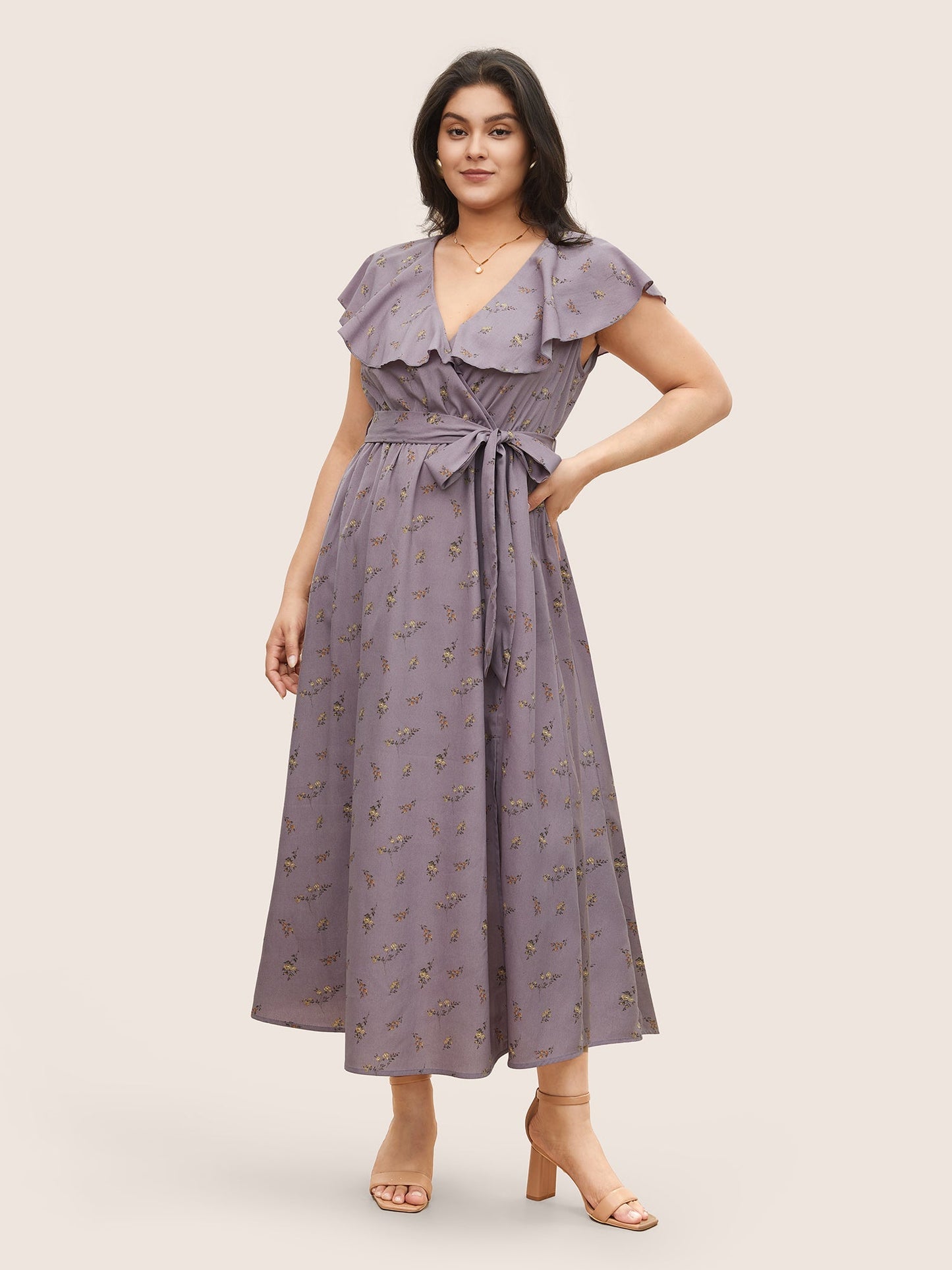 Ditsy Floral Wrap Ruffle Cap Sleeve Split Hem Dress