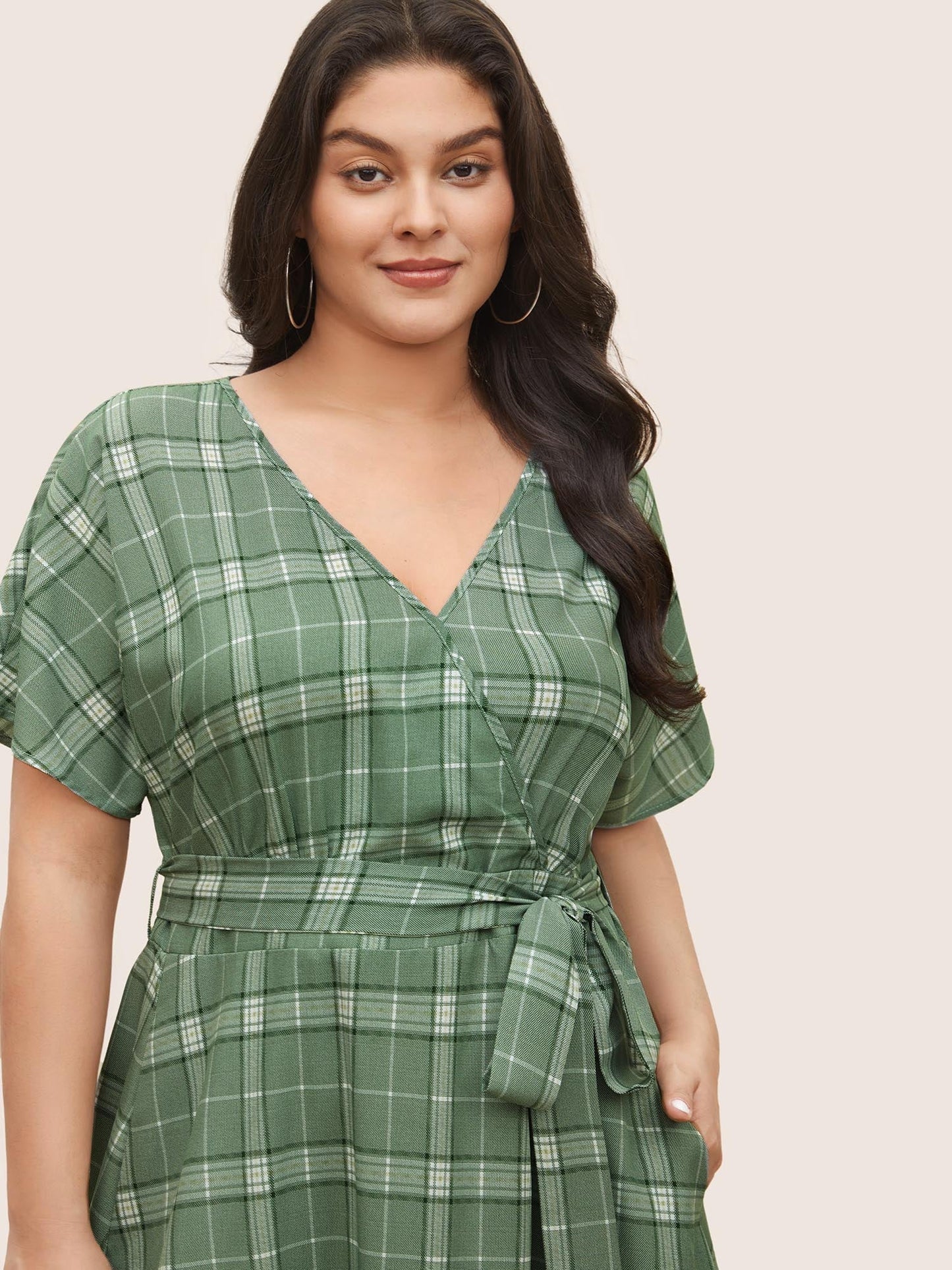 Plaid Surplice Neck Pocket Curved Hem Dress