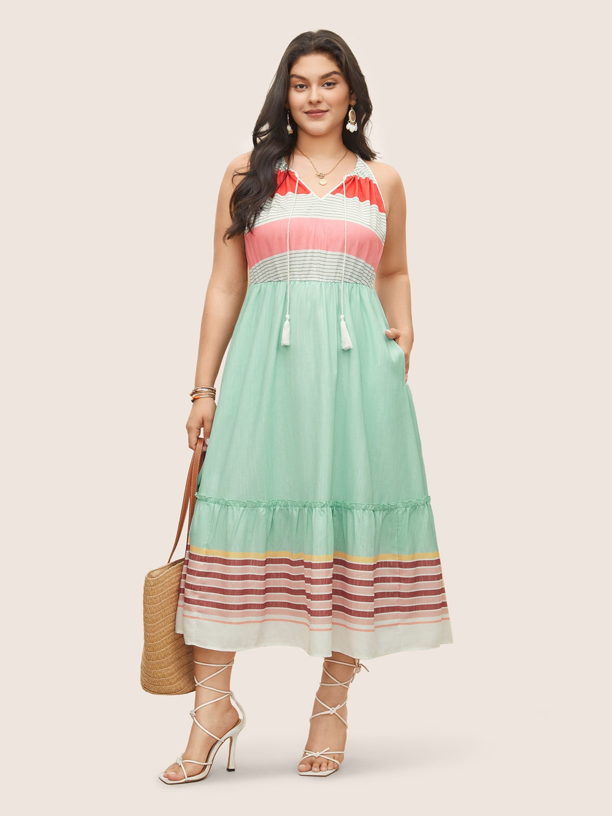 Striped Contrast Drawstring Knot Ties Dress