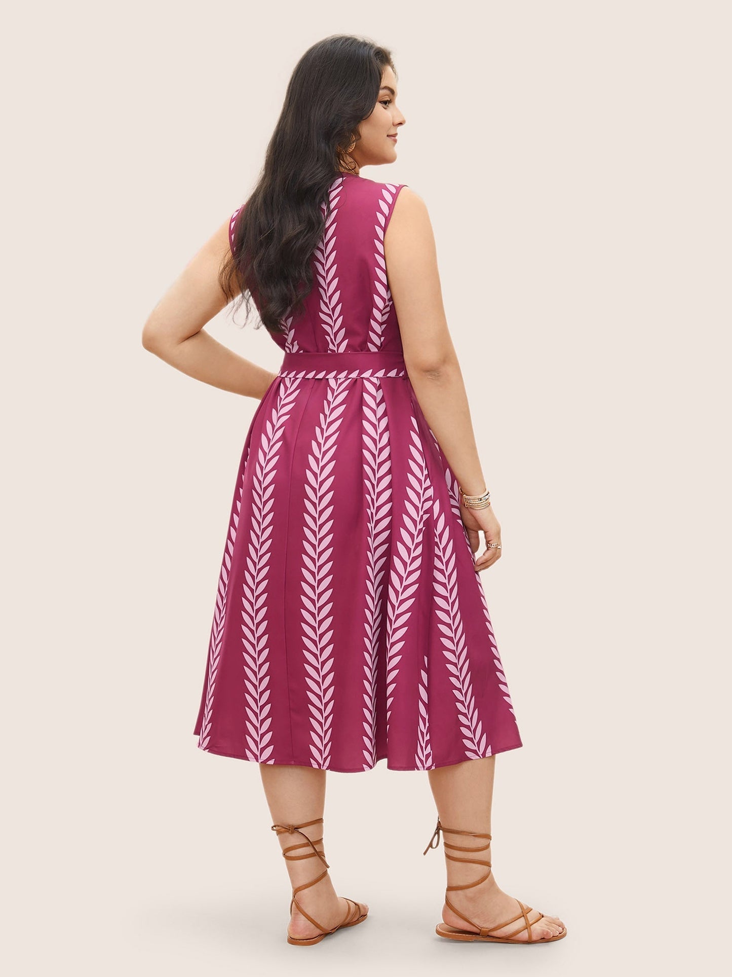 Boh Print Notched Sleeveless Belted Dress