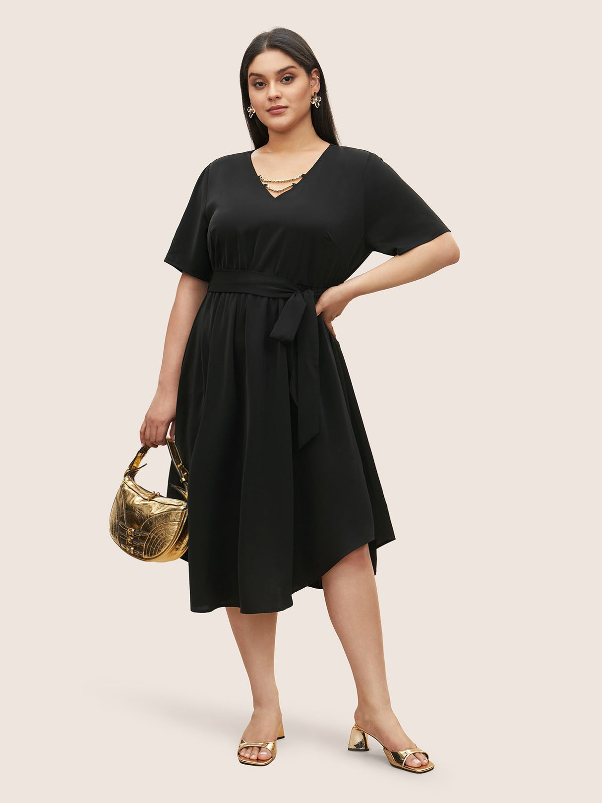 Anti-Wrinkle Metal Chain Detail Belted Arc Hem Dress