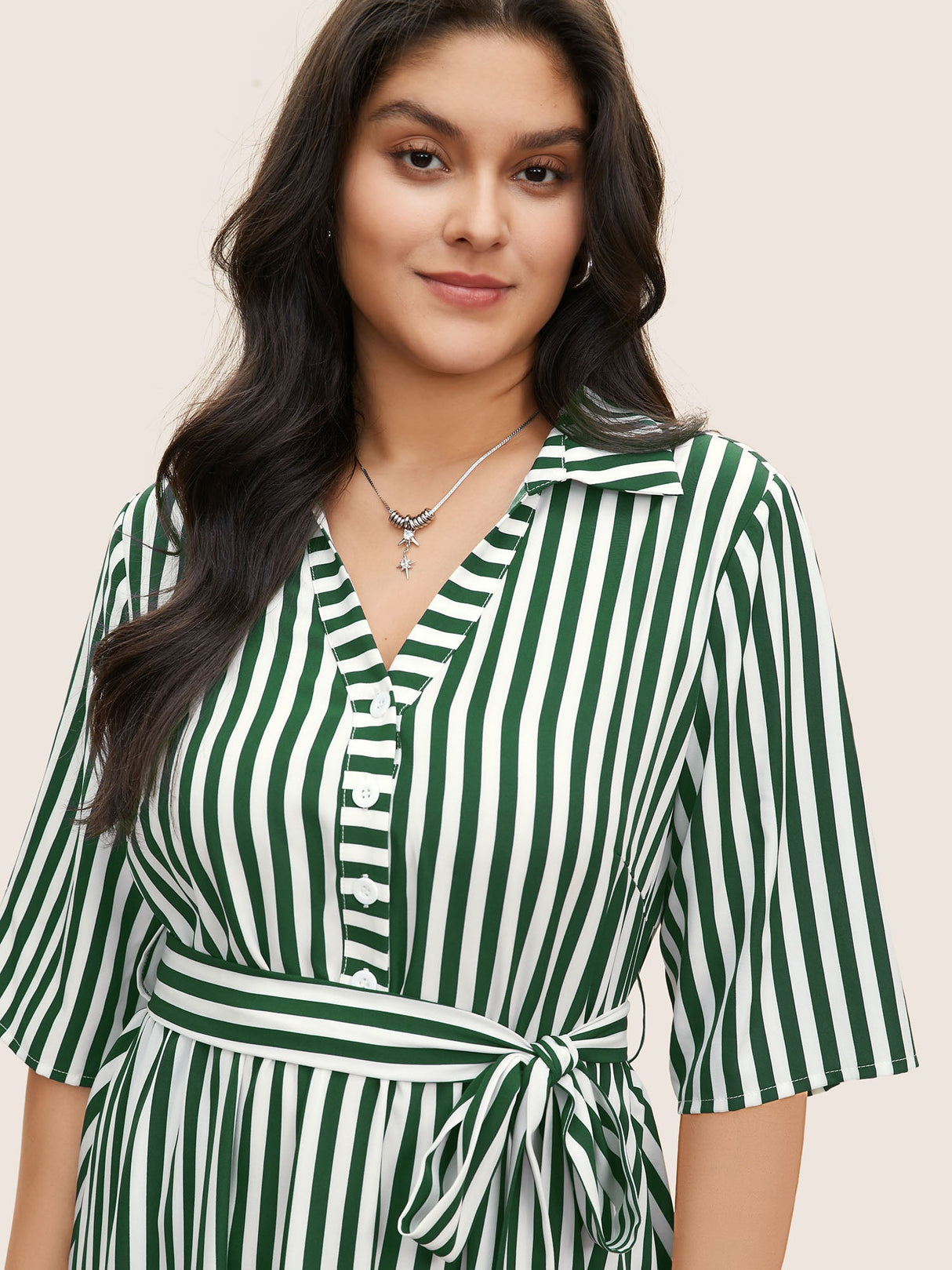 Striped Belted Shirt Collar Button Up Dress