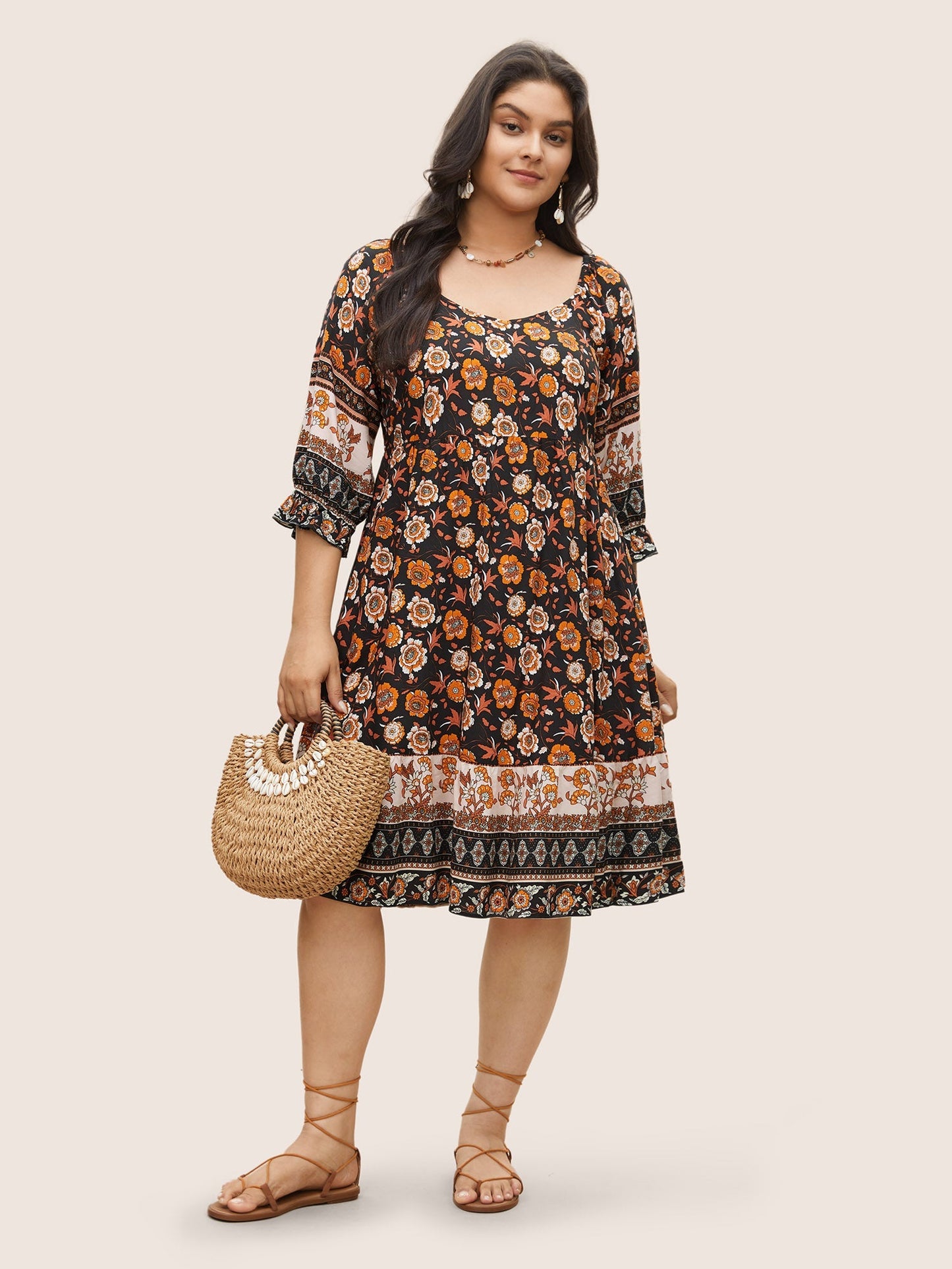 Bandana Print Square Neck Pocket Ruffle Sleeve Dress