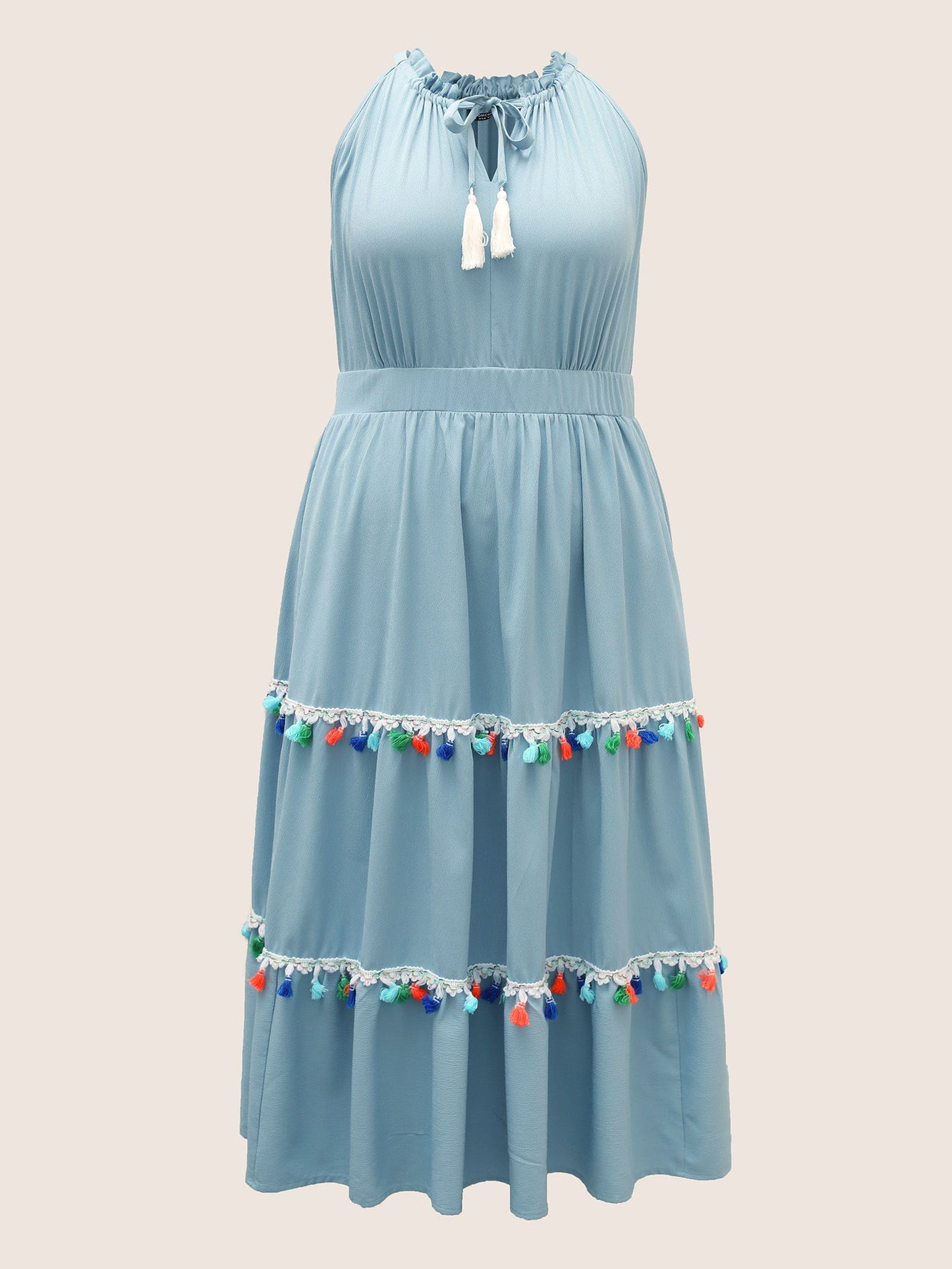 Colored Frayed Hem Knot Neck Frill Trim Dress