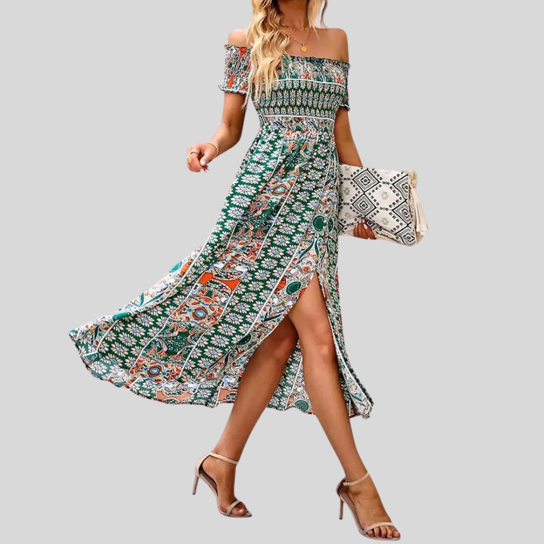 Aurora - Off-the-shoulder boho maxi dress with ruffled top