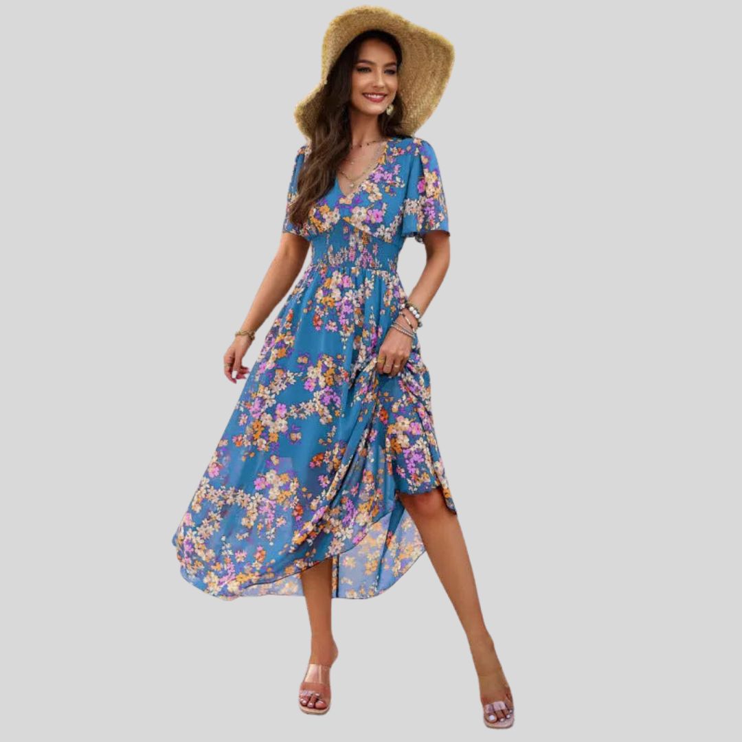 Isabella - Floral V-neck midi dress with short sleeves