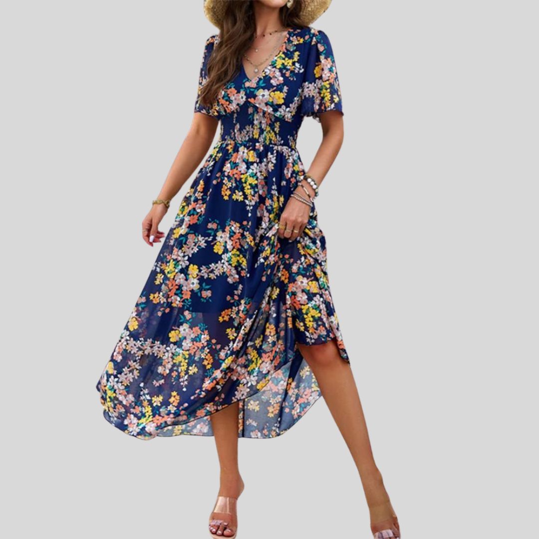 Isabella - Floral V-neck midi dress with short sleeves