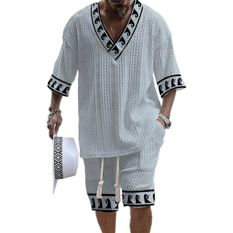 Men's Printed Short Sleeve Shorts Textured Set 48205375YY