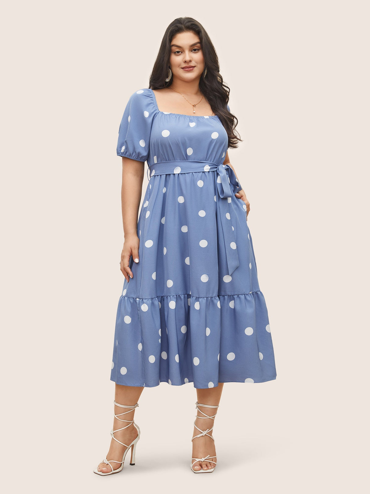 Polka Dot Gathered Belted Lantern Sleeve Dress