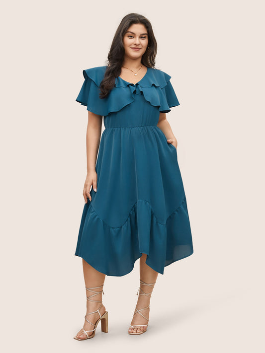 Tiered Ruffle Cap Sleeve Asymmetrical Hem Dress