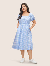 Plaid Square Neck Gathered Shirred Dress