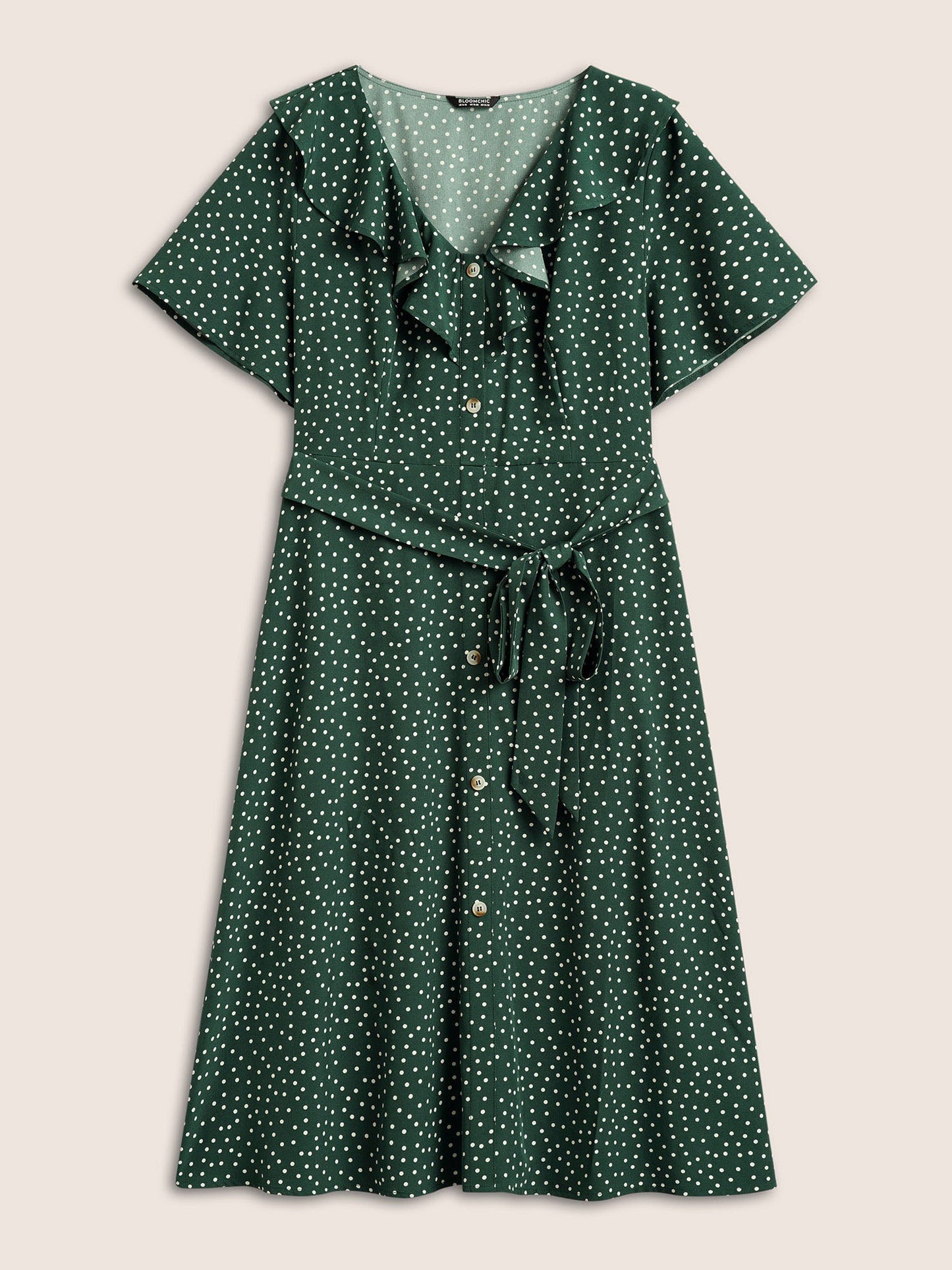 Polka Dot Flutter Trim Belted Button Detail Dress