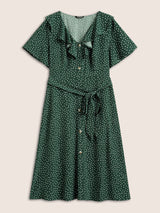 Polka Dot Flutter Trim Belted Button Detail Dress