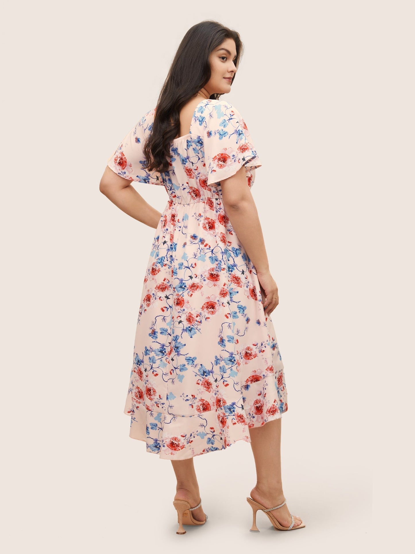 Square Neck Floral Print Gathered Drawstring Dress