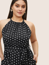 Polka Dot Halter Elastic Waist Belted Gathered Dress