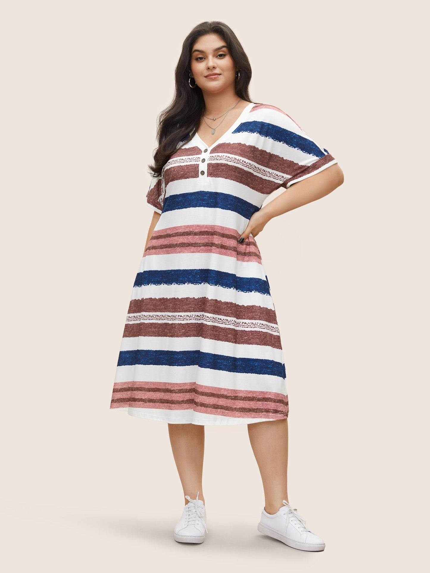 Contrast Striped Button Detail Pocket Dress