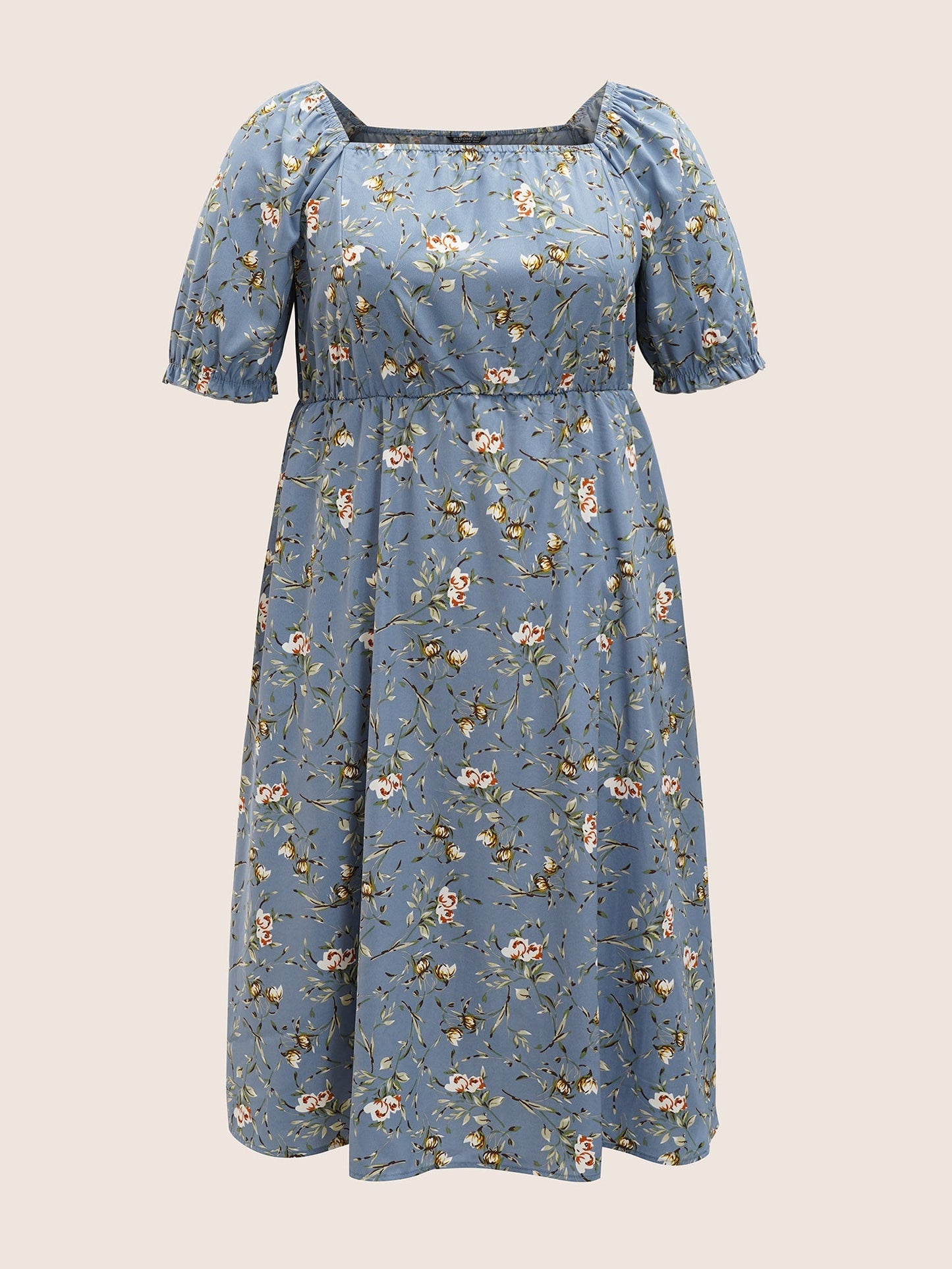 Ditsy Floral Square Neck Elastic Waist Gathered Dress