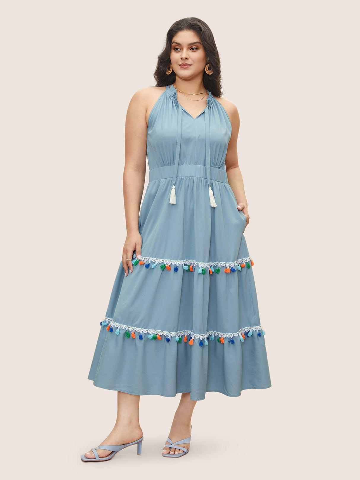 Colored Frayed Hem Knot Neck Frill Trim Dress