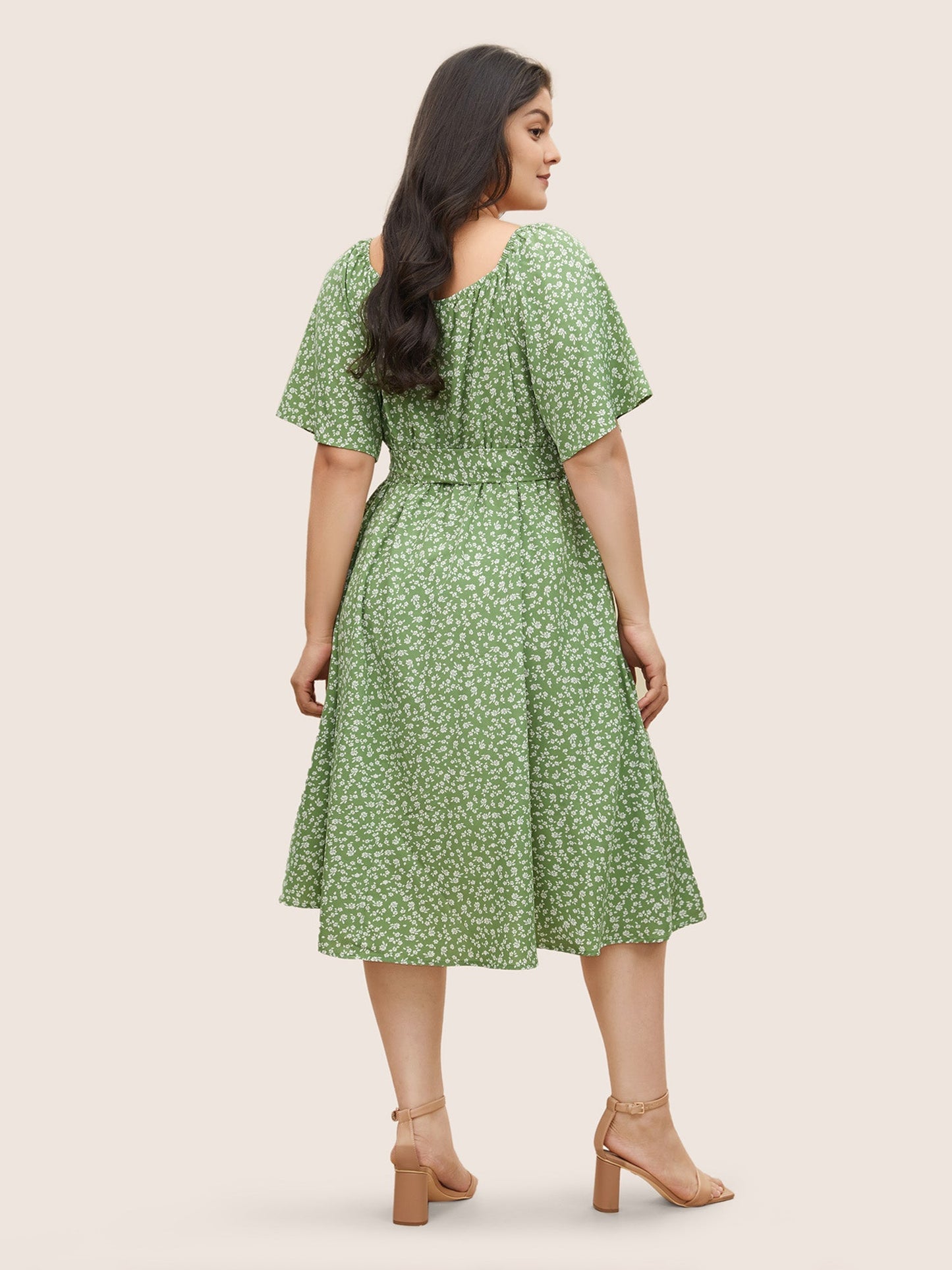 Ditsy Floral Elastic Waist Belted Scoop Neck Dress