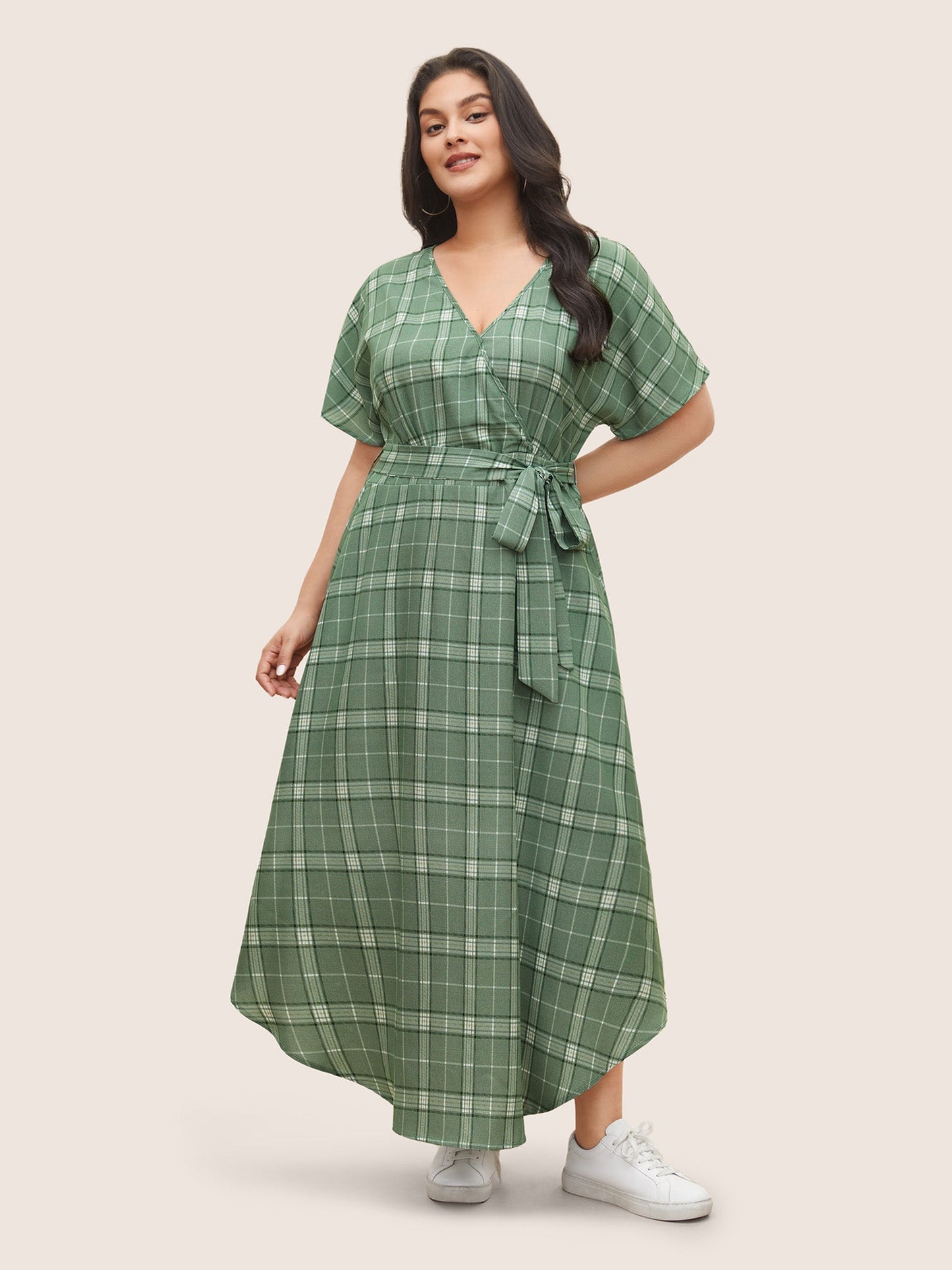 Plaid Surplice Neck Pocket Curved Hem Dress