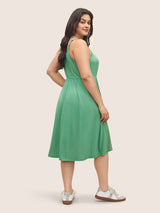 Solid Ruched Button Detail Adjustable Straps Dress