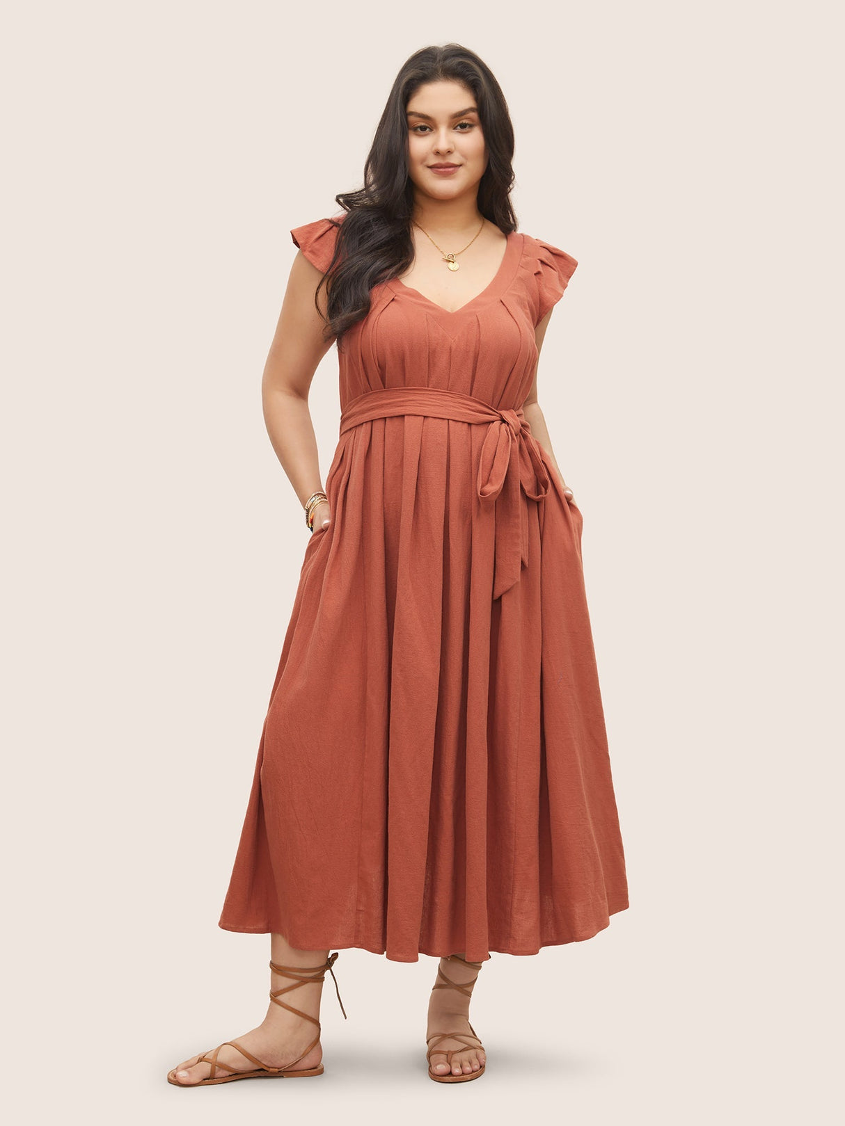 Solid Flounce Sleeve Plicated Detail Belted Dress