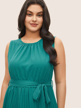 Plain Sleeveless Elastic Waist Pleated Belted Dress