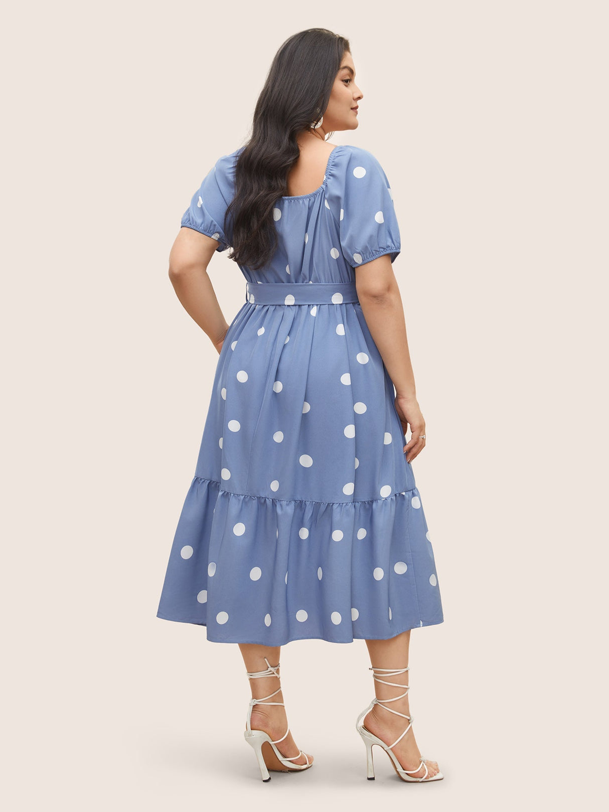 Polka Dot Gathered Belted Lantern Sleeve Dress