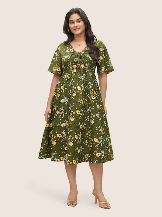 Floral Elastic Waist Drawstring Pocket Dress