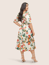 Grapefruits Print Belted Frill Trim Gathered Dress