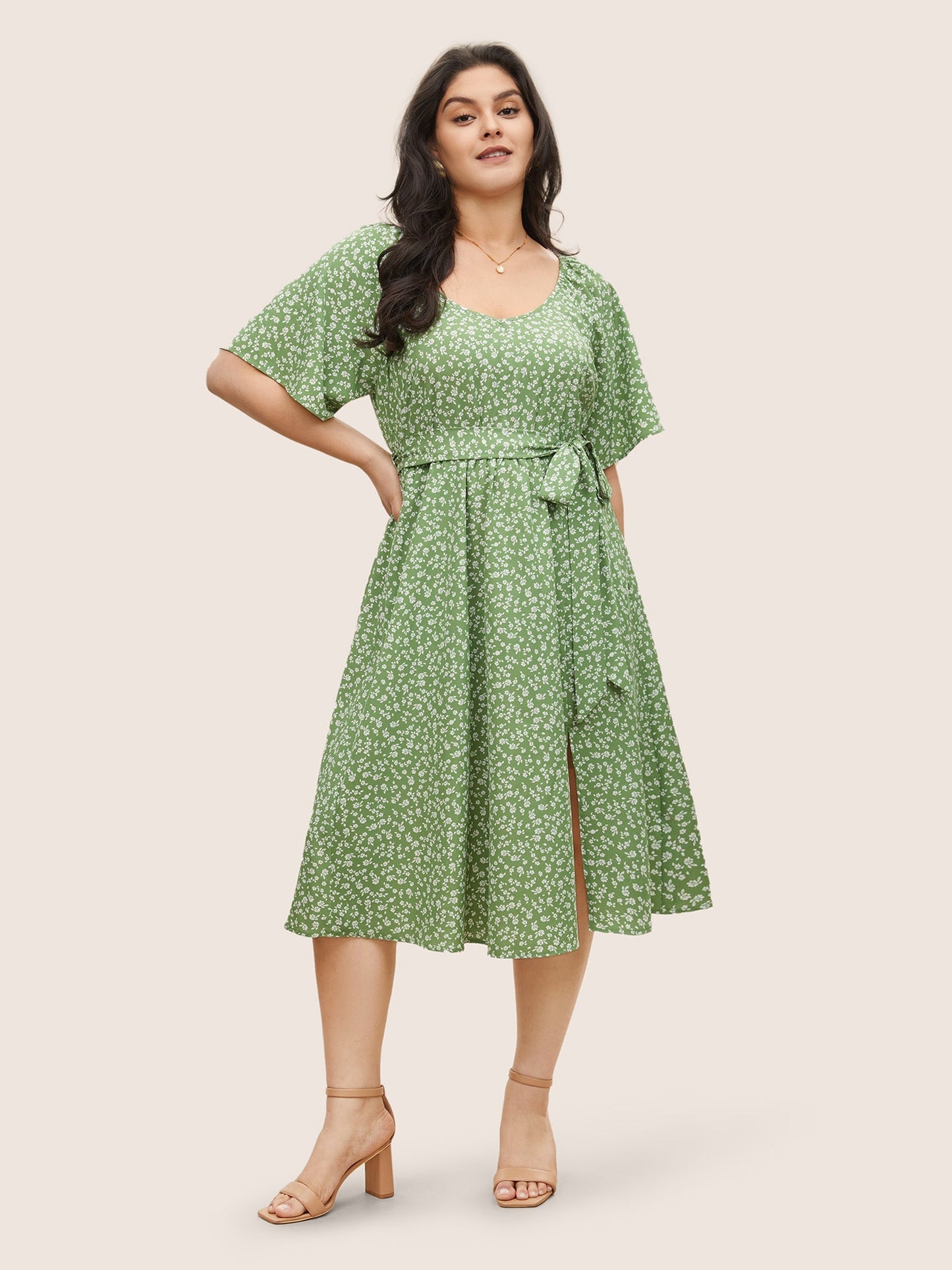 Ditsy Floral Elastic Waist Belted Scoop Neck Dress