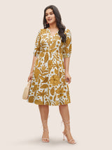 Plants & Animal Print Notched Lantern Sleeve Dress