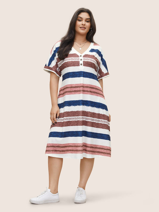 Contrast Striped Button Detail Pocket Dress